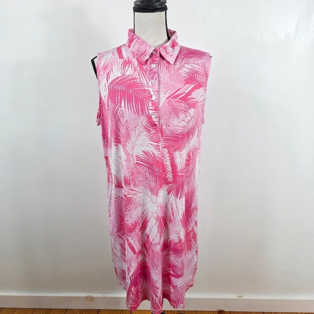 Island Collection Stella Parker Polo Dress Women L Pink‎ Palm Leaf Beach Golf